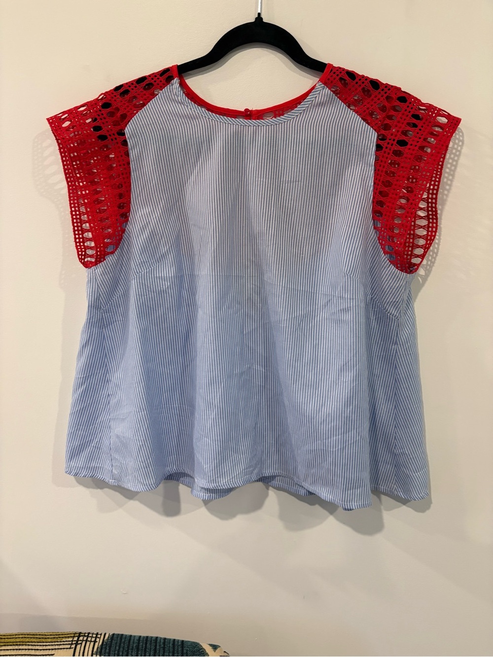 Maeve Anthropologie Blue Pinstripe Top with Red Crochet Cap Sleeves